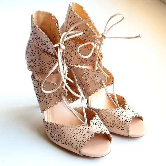 Schutz Tan Perforated Leather Heels Lace-up Peep Toe Summer Shoes Size 6.5 - Picture 4 of 16